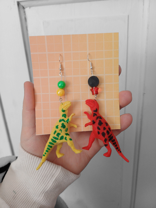 Upcycled Dino Earrings - Red & Yellow