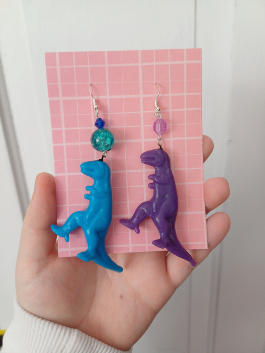 Upcycled Dino Earrings - Purple and Blue