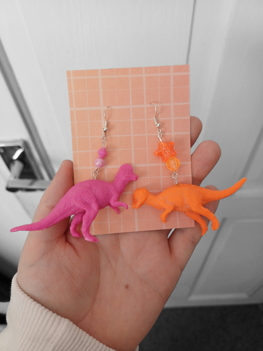 Upcycled Dino Earrings - Pink & Orange